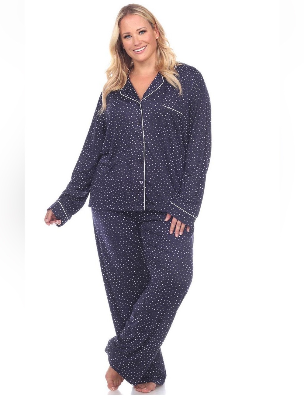 White Mark Women’s Plus Size Navy Polka Dot Pajama Set w/ White Piping Sz 3x NWT